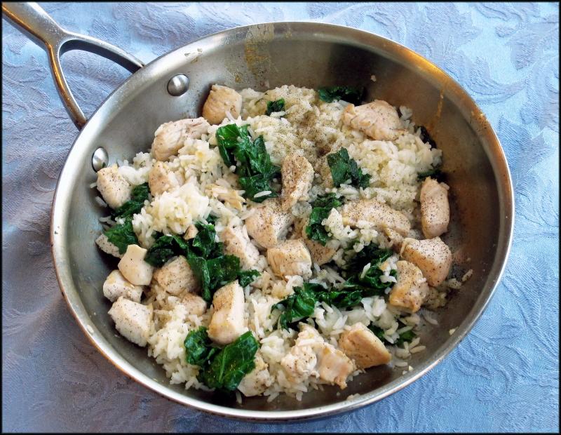 A happy crossover of two cooking columns produced this tasty chicken, rice and spinach dish with the creamed mushrooms about to be added. JACK CLEMONS PHOTO